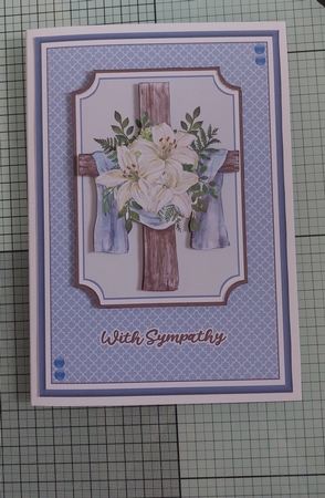 A5 Blue Sympathy Cross Card Front with Decoupage  by Marion Harding