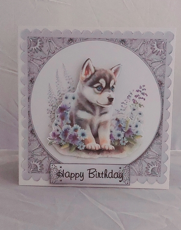 Beautiful Husky Puppy - 6X6 inch card front with decoupage by Marion Harding