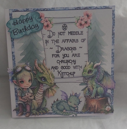 Dragon Days 2 - 6x6 inch card front with decoupage by Marion Harding