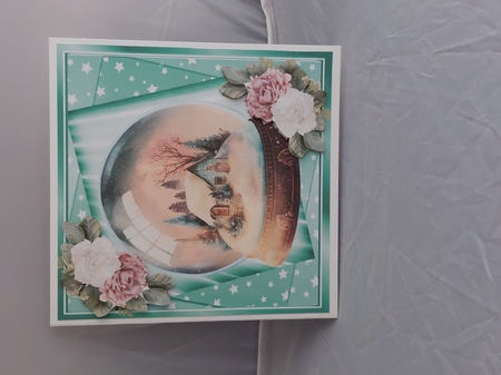 Pretty Snow Globe Cottage And Pink/White Roses Turq Stars 8x8 (Three) by Marion Harding