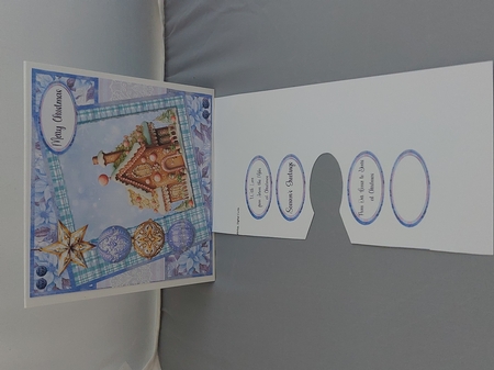 Christmas Greetings 49: Gingerbread House & Baubles 8 x 8 Card Front with Sentiments by Marion Harding