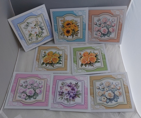 8, Beautiful Rose toppers with Inserts and greeting tags  by Marion Harding