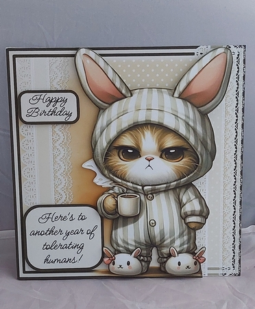 Grumpy Cat Rabbit Needs More Coffee 8x8 Inch Square Card by Marion Harding