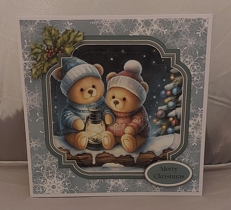 Christmas Lantern Teddies 10 Topper and Pyramage with blank sentiment by Marion Harding