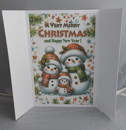 Lovely Christmas Gate Fold Card With Cute Snowmen Red Bows (One) by Marion Harding