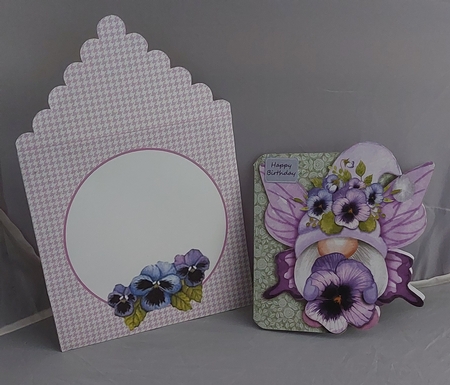 Butterfly Gnome and Pansy Shaped Decoupage Card with Insert and Envelope by Marion Harding