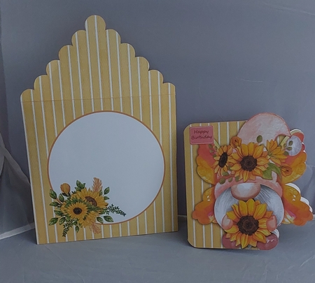 Butterfly Gnome and Sunflowers Shaped Decoupage Card with Insert and Envelope by Marion Harding