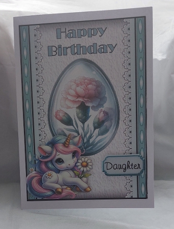 Unicorns and Flowers 1 - A5 inch card front with decoupage   by Marion Harding