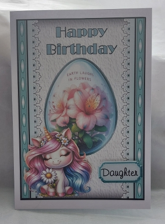 Unicorns and Flowers 3 - A5 inch card front with decoupage   by Marion Harding