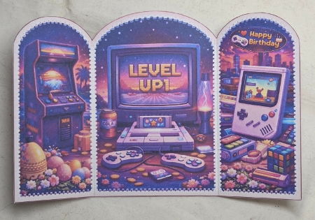 Retro Gamer Quick Card | Level Up Celebration Topper | Printable Sheet by Marion Harding