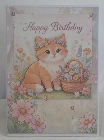 Sweet Little Flower Cat Happy Birthday A5 Card Front and Decoupage by Marion Harding