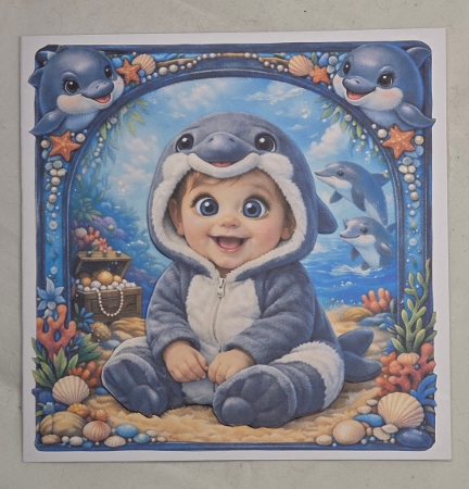 Adorable Baby Dolphin Costume Card Front & Ocean‑Themed Labels Set by Marion Harding