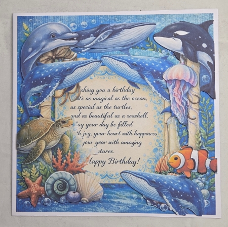 Ocean Birthday Card Topper with Whales, Dolphins, Turtles & Underwater Elements by Marion Harding