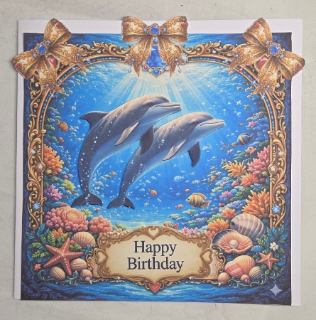 Luxury Dolphin Ocean Topper with Gold Frame, Jewels, Bows & Sentiments by Marion Harding