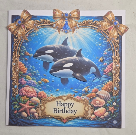 Luxury Orca Ocean Topper with Gold Frame, Jewels, Bows & Sentiments by Marion Harding