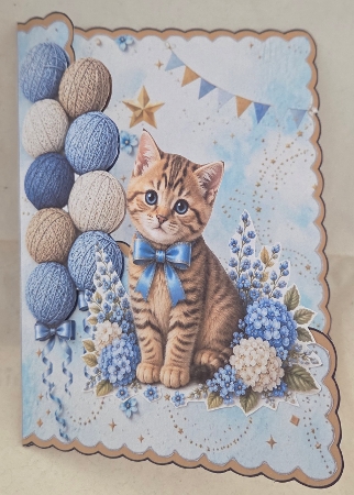 Blue Kitten & Flowers Birthday Topper – Gold Scalloped Card Front by Marion Harding