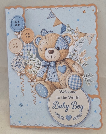 Baby Boy Welcome Card Front – Patchwork Teddy & Blue Newborn Topper by Marion Harding