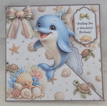 Cute Dolphin & Sea Turtles 3D Decoupage Card Kit | Ocean Celebration Card Topper | Nautical Shells & Coral Greeting Card by Marion Harding