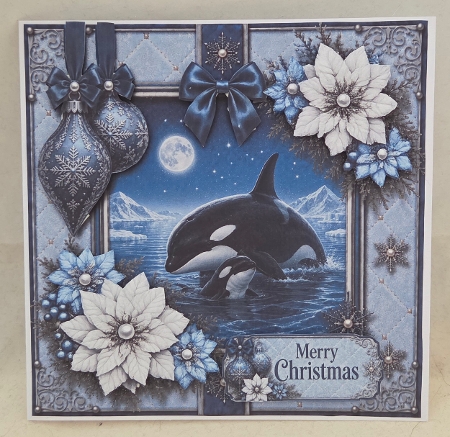 Winter Orcas Card Topper – Elegant Blue & Silver Holiday Design by Marion Harding