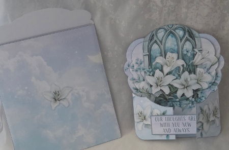 Gatefold pyramage card Deepest Sympathies church window lilies by Marion Harding