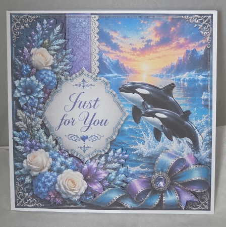 Orca Sunset Floral Card Topper – Lace Frame & Jewel Bow by Marion Harding