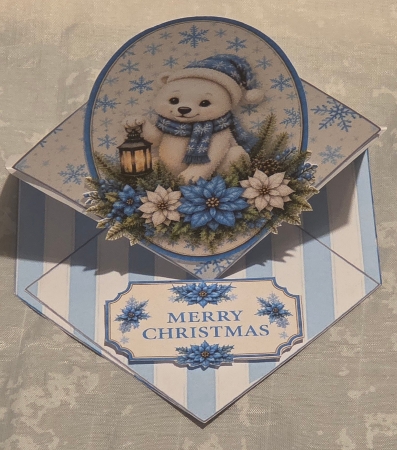 Blue Christmas Bear Topper – Cute Winter Lantern Card with Merry Christmas Label by Marion Harding