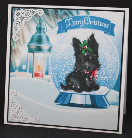 Cute scottie dog in snow globe with lantern 8x8 (turq) by Marion Kimberley-Scott
