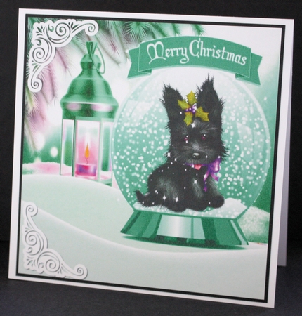Cute scottie dog in snow globe with lantern 8x8 (green) by Marion Kimberley-Scott
