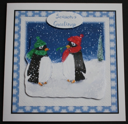 CUTE PENGUINS CHRISTMAS CARD: 6 by 6 Quick Card With Easy Decoupage & 3 Sentiment Tags by Marion Kimberley-Scott