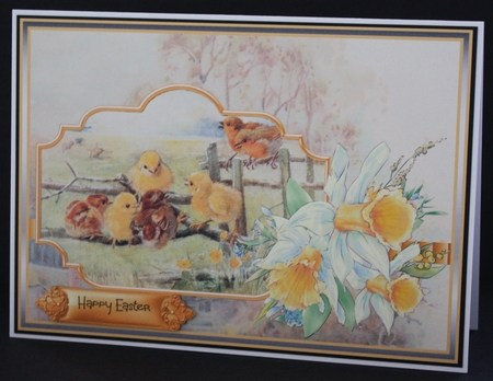 Daffodils and Easter chicks A5 card by Marion Kimberley-Scott