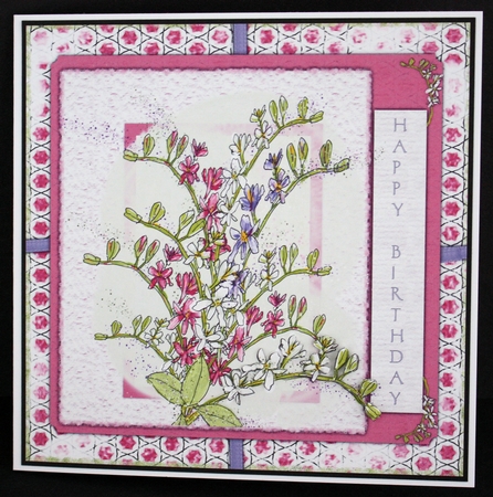 HAPPY BIRTHDAY FREESIAS: 8x8 Pink and Purple Floral Card Front With Decoupage  by Marion Kimberley-Scott