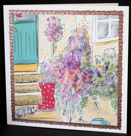 SUMMER  FLORAL GARDEN WITH CAT & BOOTS: Combined Topper & insert Sheet With Decoupage, Verses and Tags by Marion Kimberley-Scott