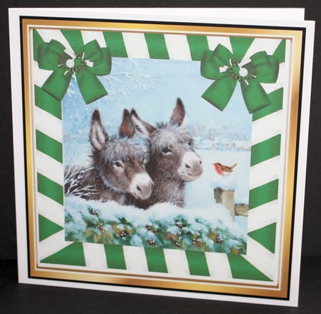  4 Cute Donkeys in the snow scene with bows and robin 8x8 card front mini kit  by Marion Kimberley-Scott