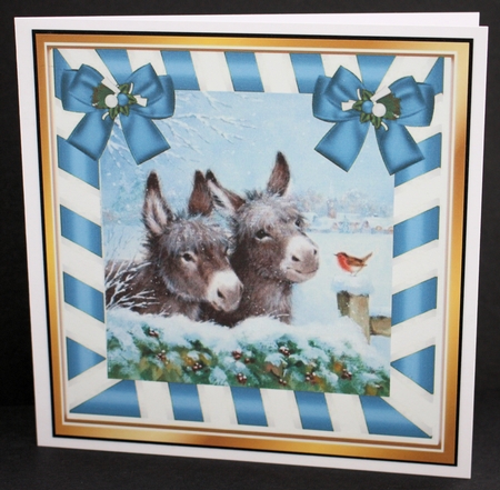  4 Cute Donkeys in the snow scene with bows and robin 8x8 card front mini kit  by Marion Kimberley-Scott