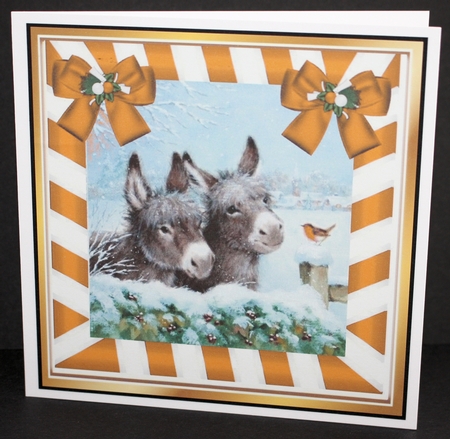  4 Cute Donkeys in the snow scene with bows and robin 8x8 card front mini kit  by Marion Kimberley-Scott