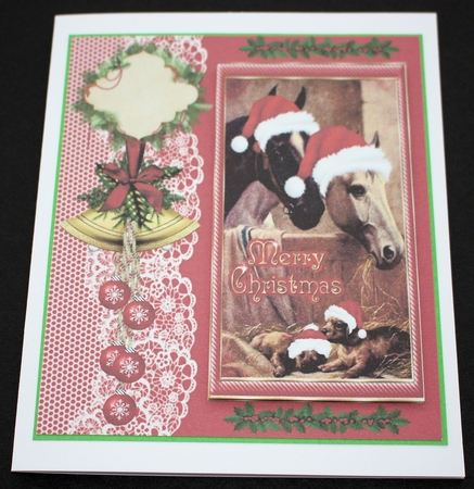 Vintage horses and pups Christmas card front (Merry Christmas) by Marion Kimberley-Scott