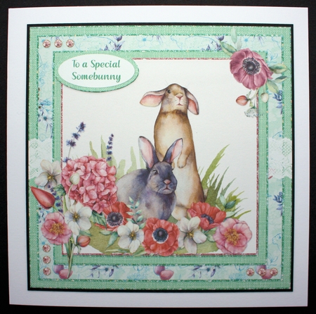 Spring Garden 7: Rabbits/Floral 8 x 8 Card Front with Sentiments, Mint Green/Pink by Marion Kimberley-Scott