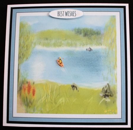 LAKE SCENE WITH KAYAK: 7x7 Quick Card With Mini Blank and Verse Toppers, Small Decoupage and 4 Sentiment Tags by Marion Kimberley-Scott