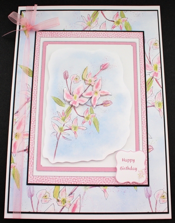 CLEMATIS CARD FRONT: 5x7 Pink Floral Birthday Card With 4 Layers of Decoupage by Marion Kimberley-Scott