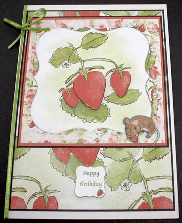 STRAWBERRY MOUSE: 7x7 Step by Step Card With Decoupage and 3 Sentiment Tags by Marion Kimberley-Scott