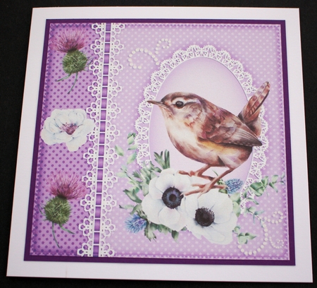 3 Lilac floral bird card front/toppers by Marion Kimberley-Scott