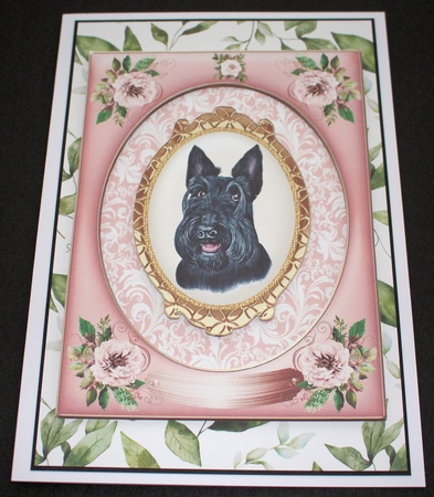 Pink rose dangling dog card front 1 by Marion Kimberley-Scott