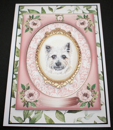 Pink rose dangling dog card front 3 by Marion Kimberley-Scott