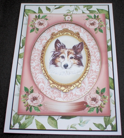 Pink rose dangling dog card front 7 by Marion Kimberley-Scott