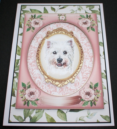 Pink rose dangling dog card front 8 by Marion Kimberley-Scott