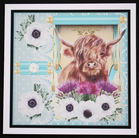 3 Turquoise floral Highland cow card front/toppers by Marion Kimberley-Scott