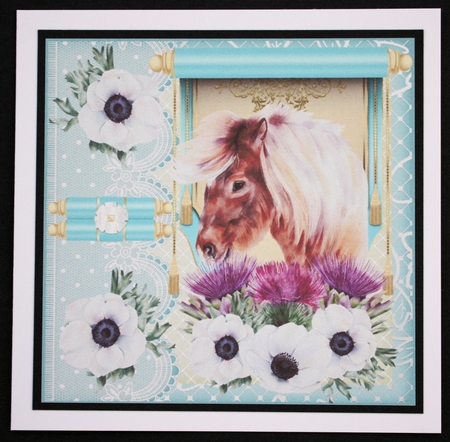 3 Turquoise floral Highland pony card front/toppers by Marion Kimberley-Scott