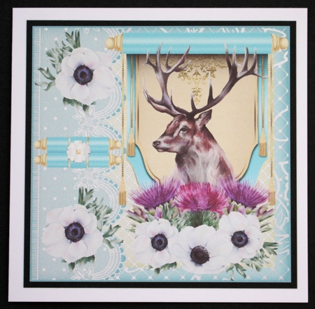 3 Turquoise floral Highland stag card front/toppers by Marion Kimberley-Scott