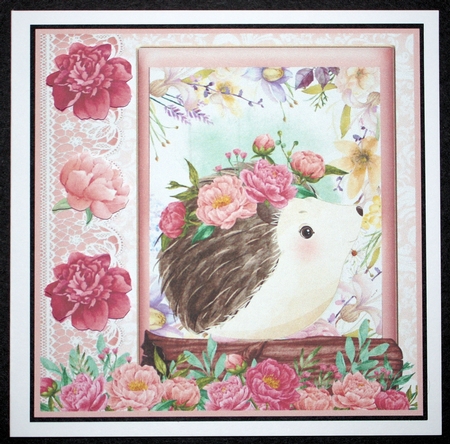 Pink floral hedgehog card front by Marion Kimberley-Scott