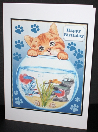 Cute cat with fish bowl card front by Marion Kimberley-Scott